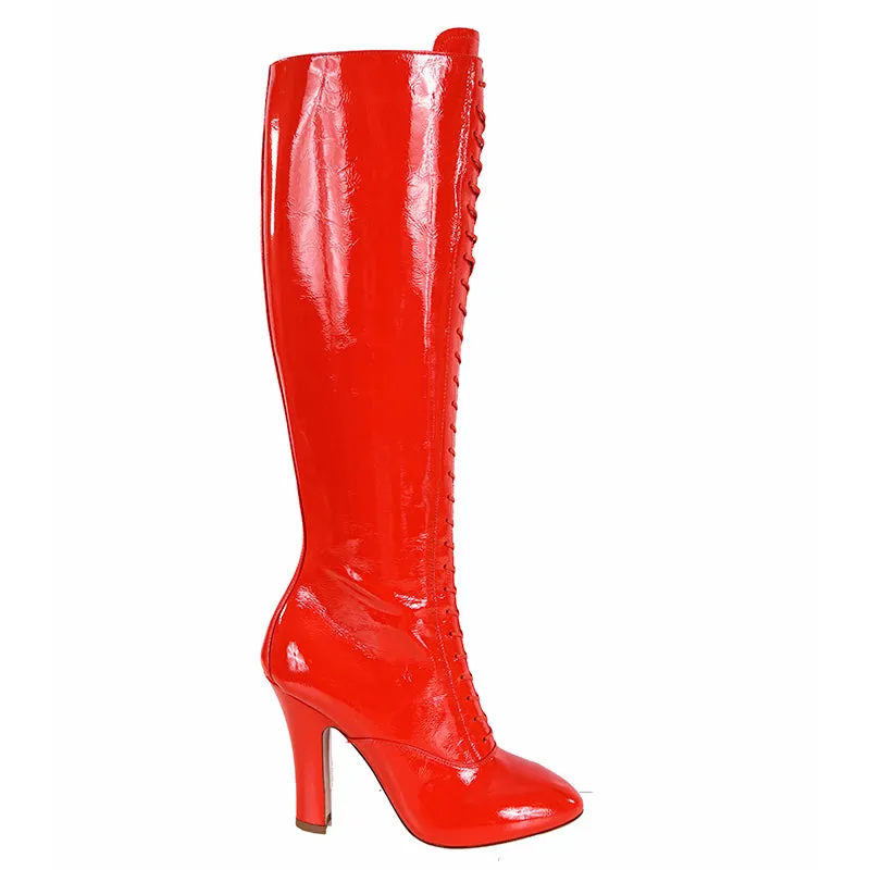 37 NEW $1850 MIU MIU Red PATENT LEATHER Vintage LACE-UP KNEE HIGH Runway BOOTS