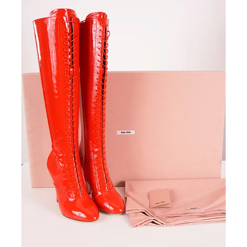 37 NEW $1850 MIU MIU Red PATENT LEATHER Vintage LACE-UP KNEE HIGH Runway BOOTS