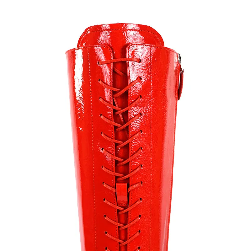 37 NEW $1850 MIU MIU Red PATENT LEATHER Vintage LACE-UP KNEE HIGH Runway BOOTS