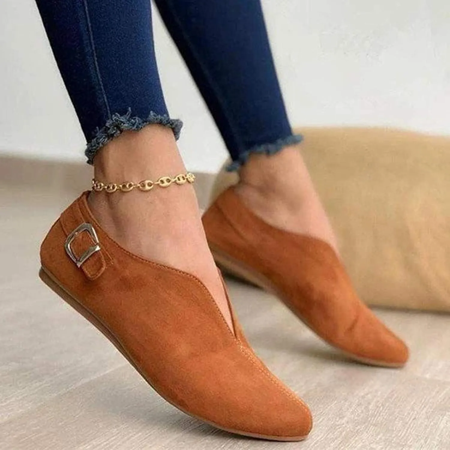 AMDBEL Flats Shoes Women Dressy Comfortable Women Pointed Toe Single Shoes Suede Flock Casual Buckle Strap Loafers Shoes