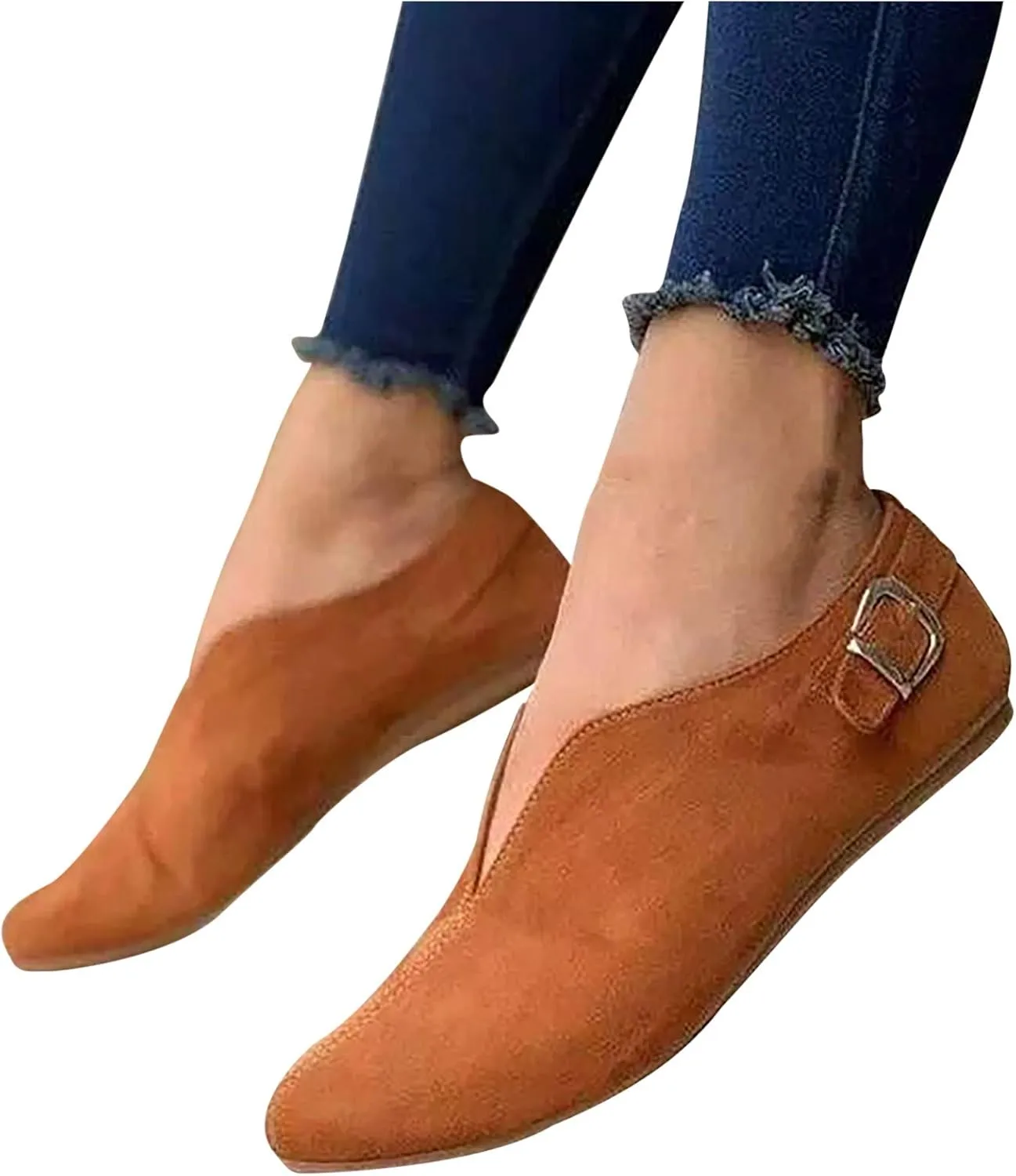 AMDBEL Flats Shoes Women Dressy Comfortable Women Pointed Toe Single Shoes Suede Flock Casual Buckle Strap Loafers Shoes