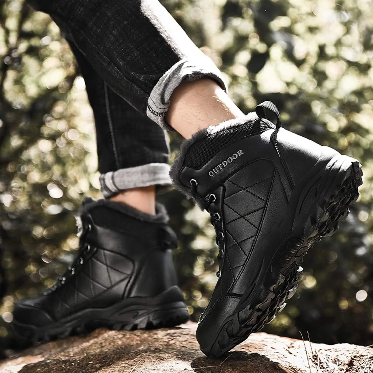 CERYTHRINA Mens Hiking Boots Leather Warm Snow Boots Fur Lined Winter Ankle Sneakers
