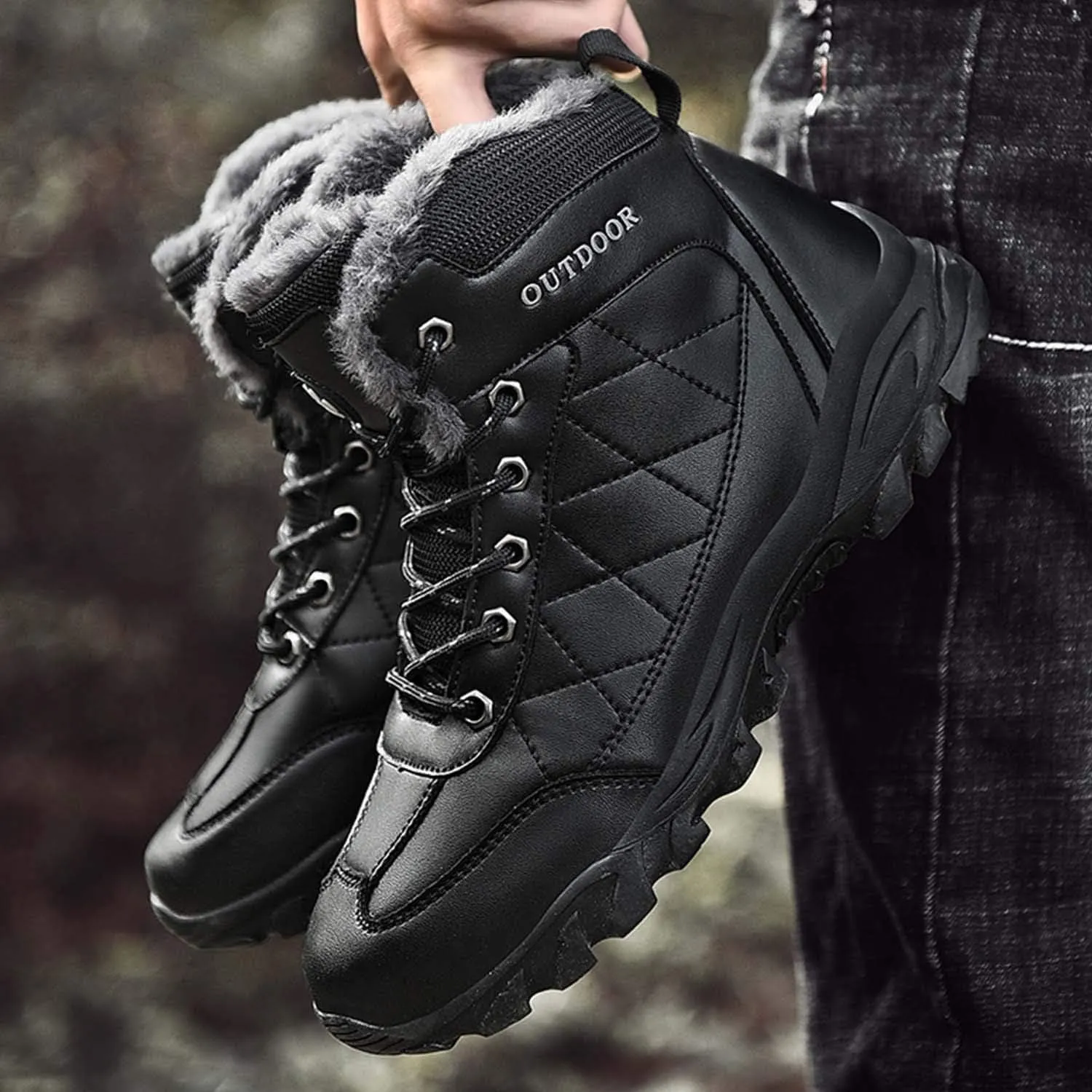 CERYTHRINA Mens Hiking Boots Leather Warm Snow Boots Fur Lined Winter Ankle Sneakers
