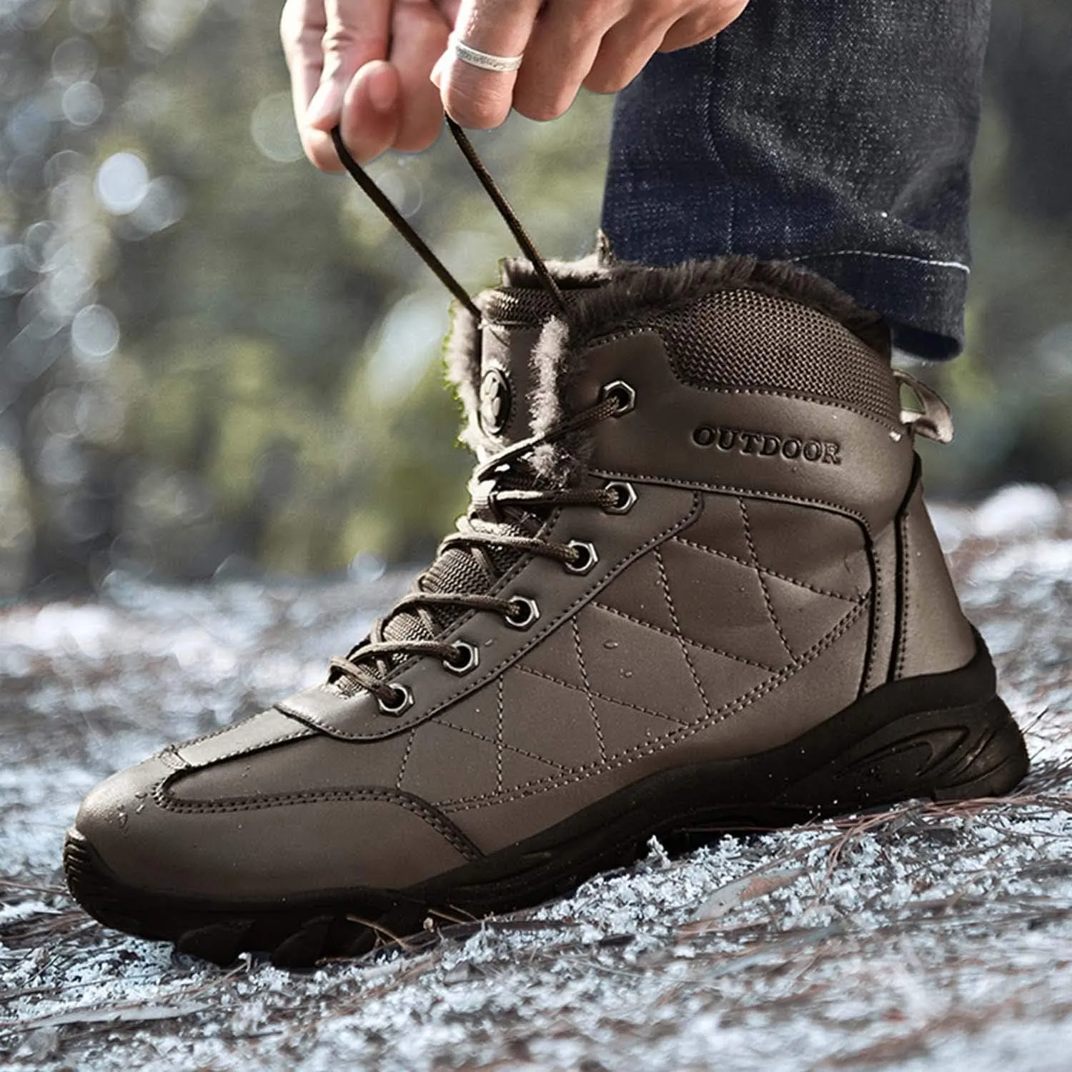 CERYTHRINA Mens Hiking Boots Leather Warm Snow Boots Fur Lined Winter Ankle Sneakers