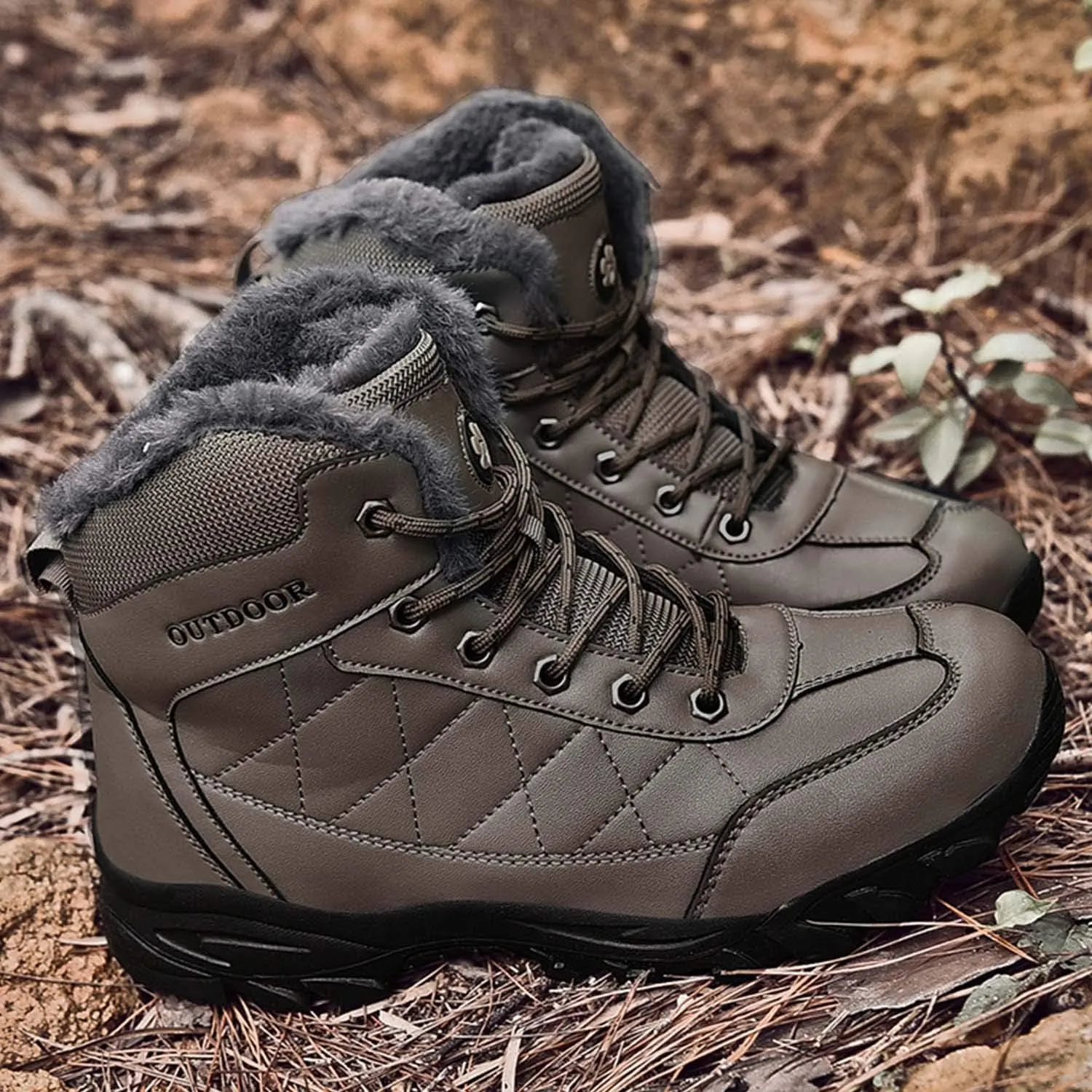 CERYTHRINA Mens Hiking Boots Leather Warm Snow Boots Fur Lined Winter Ankle Sneakers