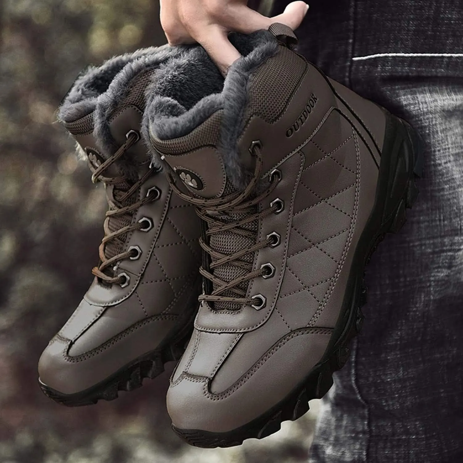 CERYTHRINA Mens Hiking Boots Leather Warm Snow Boots Fur Lined Winter Ankle Sneakers