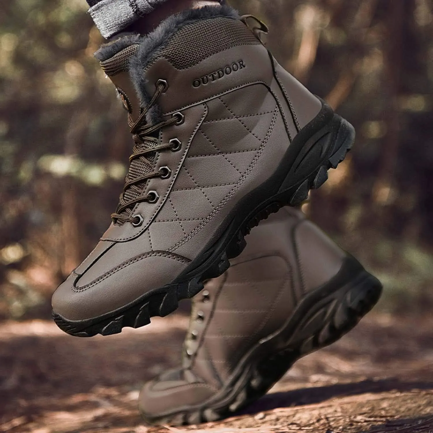 CERYTHRINA Mens Hiking Boots Leather Warm Snow Boots Fur Lined Winter Ankle Sneakers