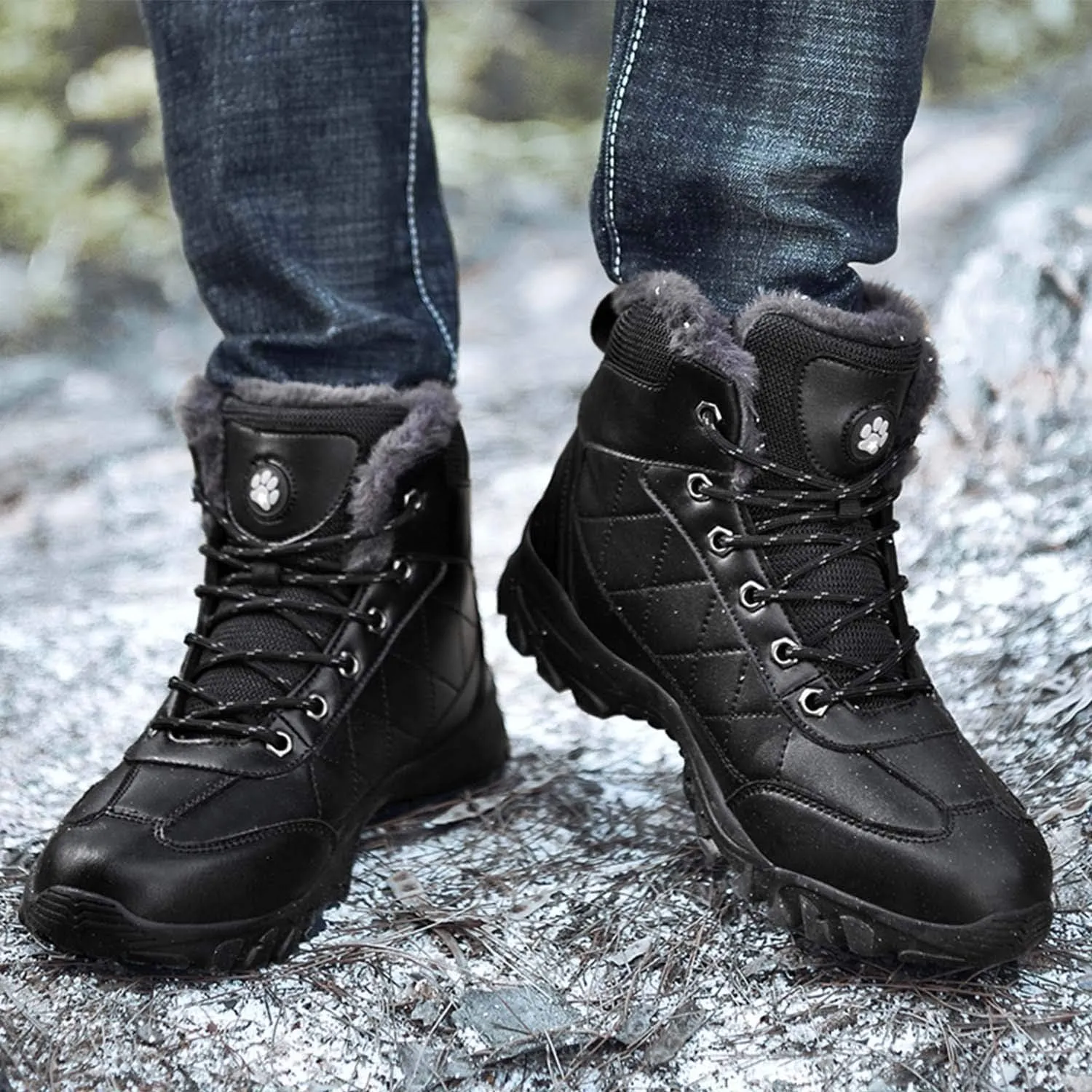 CERYTHRINA Mens Hiking Boots Leather Warm Snow Boots Fur Lined Winter Ankle Sneakers