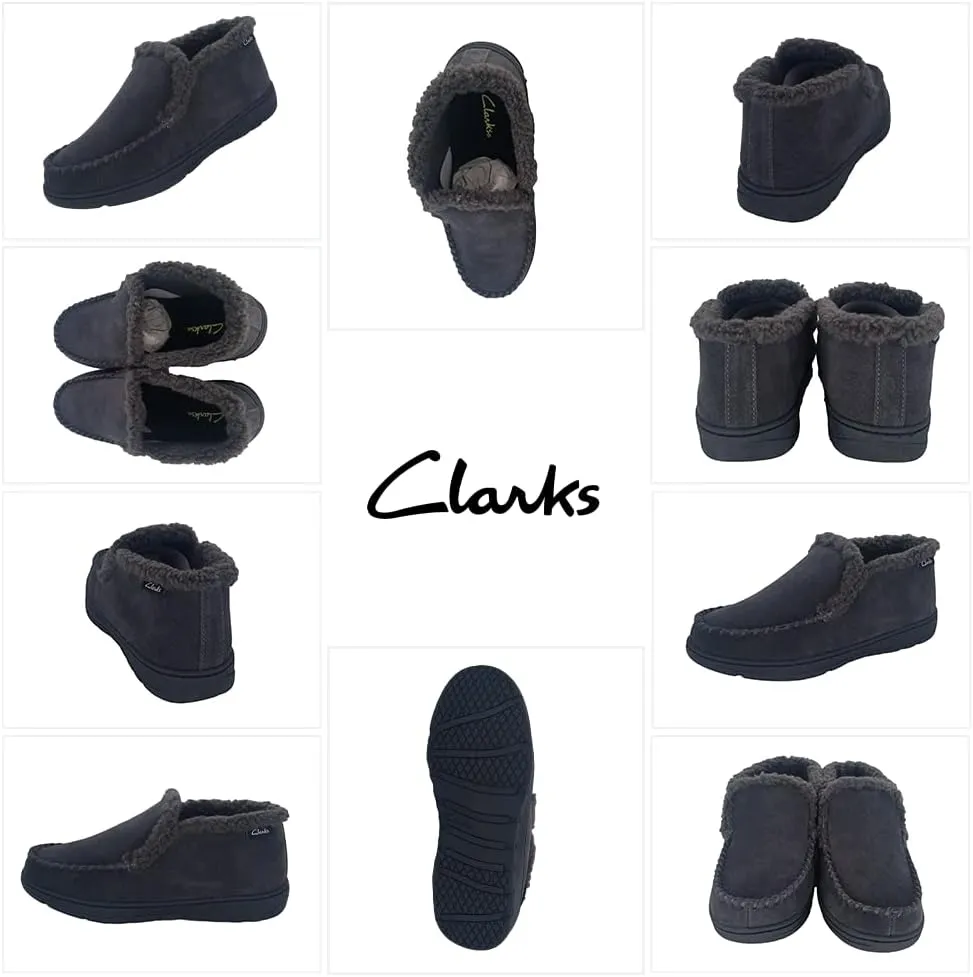 Clarks Men's Suede Leather Sherpa Lined Ankle Bootie Slippers, JMH1952 - Indoor/Outdoor Slip-Ons - Comfy & Durable Ankle Boots with Plush Lining Padded Insole & Gripped Rubber Outsoles
