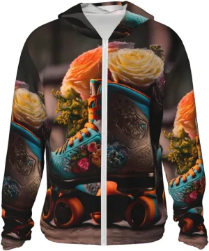 Classic Floral Blue Skate Shoes Sun Protection Zip Up Hoodie Lightweight Jacket, Long Sleeve Sun Shirt for Women Men