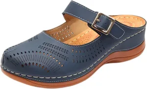 Clogs for Women Mule Sandals Comfortable Summer Platform Orthopedic Sandals, Round Toe Closed Toe Walking Slippers Hollow Out Breathable Buckle Walking Shoes