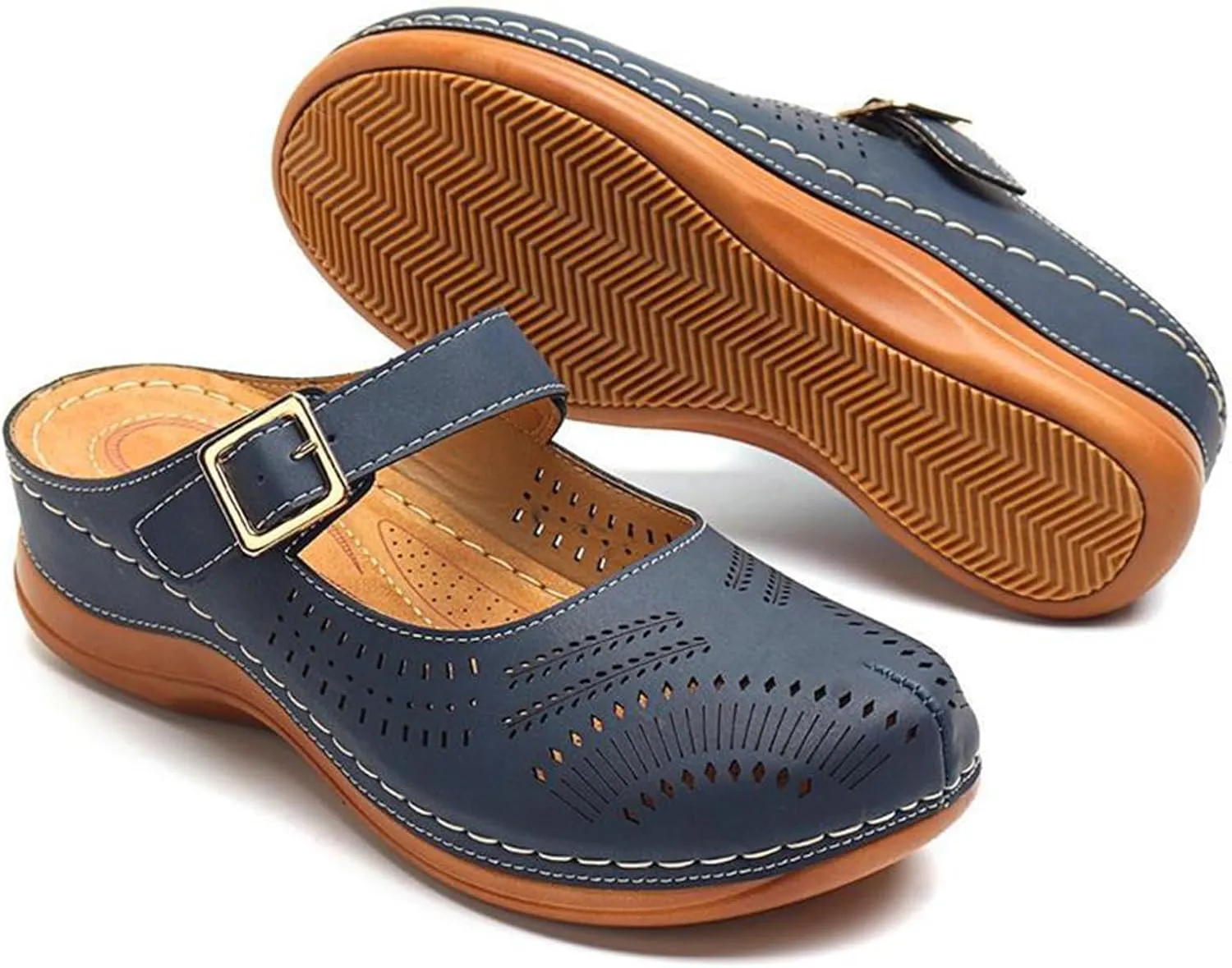 Clogs for Women Mule Sandals Comfortable Summer Platform Orthopedic Sandals, Round Toe Closed Toe Walking Slippers Hollow Out Breathable Buckle Walking Shoes