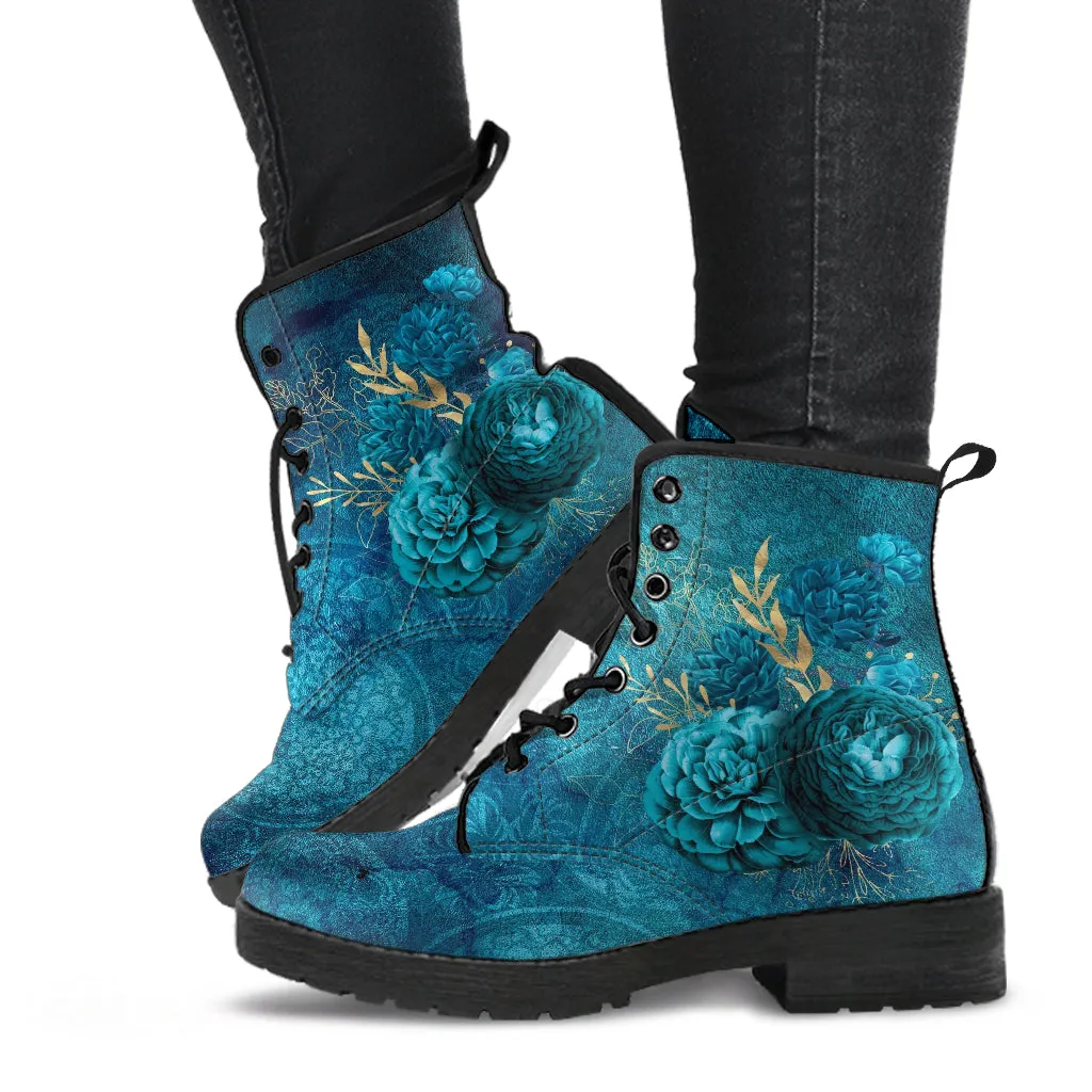 Combat Boots - Beautiful Flowers #110 Green | Cute Aesthetic Custom Shoes for Women, Wedding Bride Shoes, Vegan Leather 90s Boots