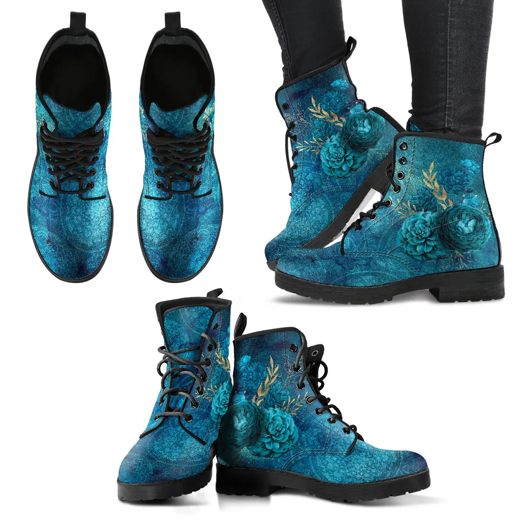 Combat Boots - Beautiful Flowers #110 Green | Cute Aesthetic Custom Shoes for Women, Wedding Bride Shoes, Vegan Leather 90s Boots