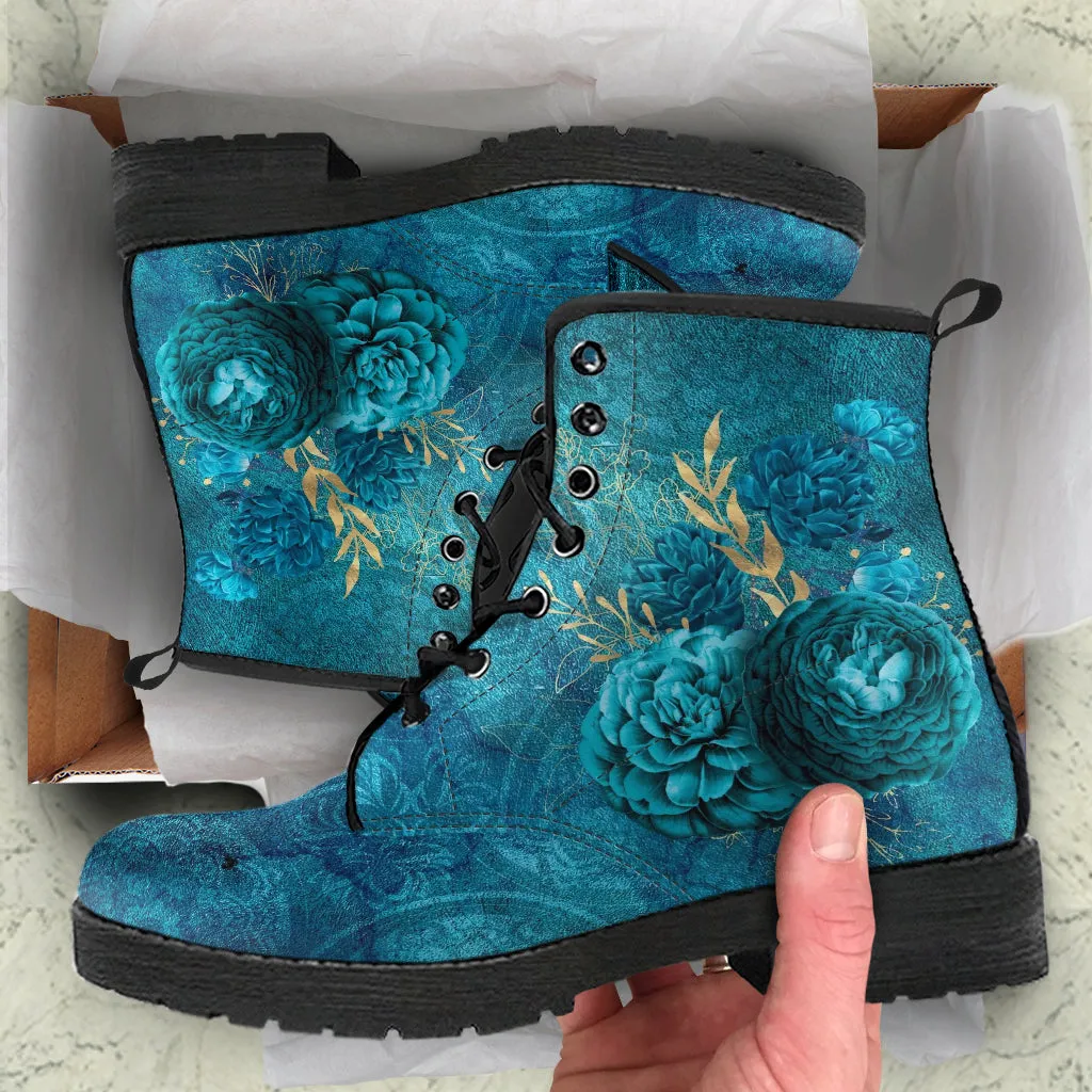 Combat Boots - Beautiful Flowers #110 Green | Cute Aesthetic Custom Shoes for Women, Wedding Bride Shoes, Vegan Leather 90s Boots