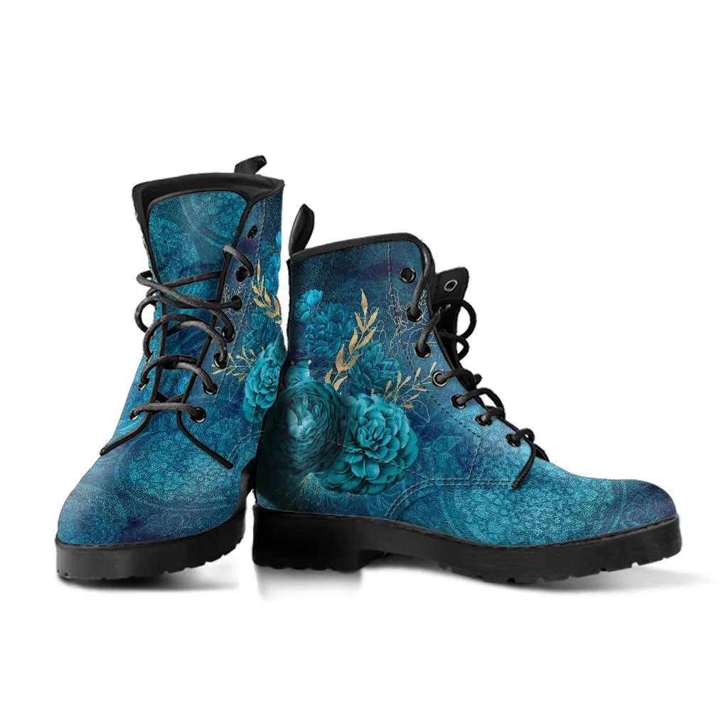 Combat Boots - Beautiful Flowers #110 Green | Cute Aesthetic Custom Shoes for Women, Wedding Bride Shoes, Vegan Leather 90s Boots