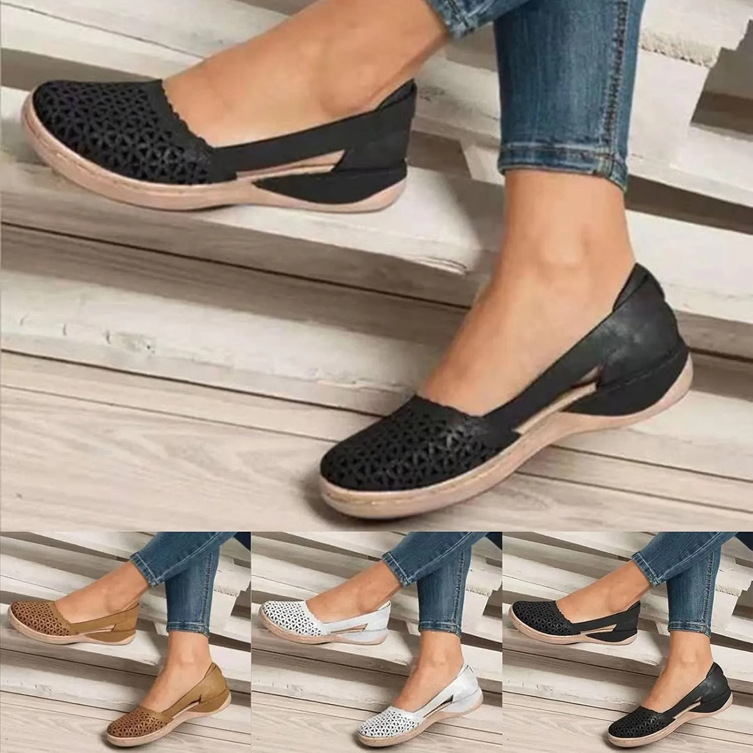 Eduavar Womens Sandals Dressy, Sandals Women Casual Mule Hollow Out Flat Sandals Breathable Peep Toe Sandals Shoes