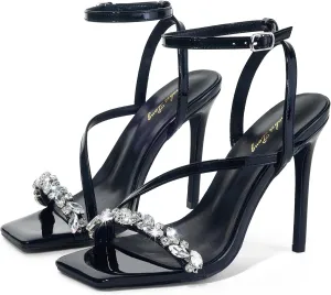 Elisabet Tang Women??s Crystal Stilettos Heeled Sandals, 4 Inch Square Open Toe Strappy Sexy High Heels Ankle Strap Buckle Heels for Party Wedding Dress Daily Wear Shoes