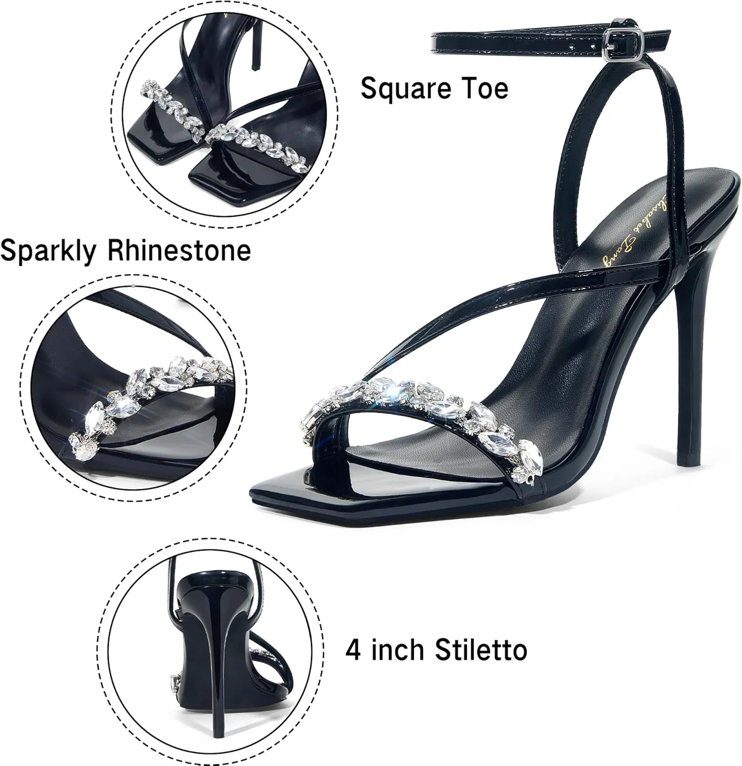 Elisabet Tang Women??s Crystal Stilettos Heeled Sandals, 4 Inch Square Open Toe Strappy Sexy High Heels Ankle Strap Buckle Heels for Party Wedding Dress Daily Wear Shoes