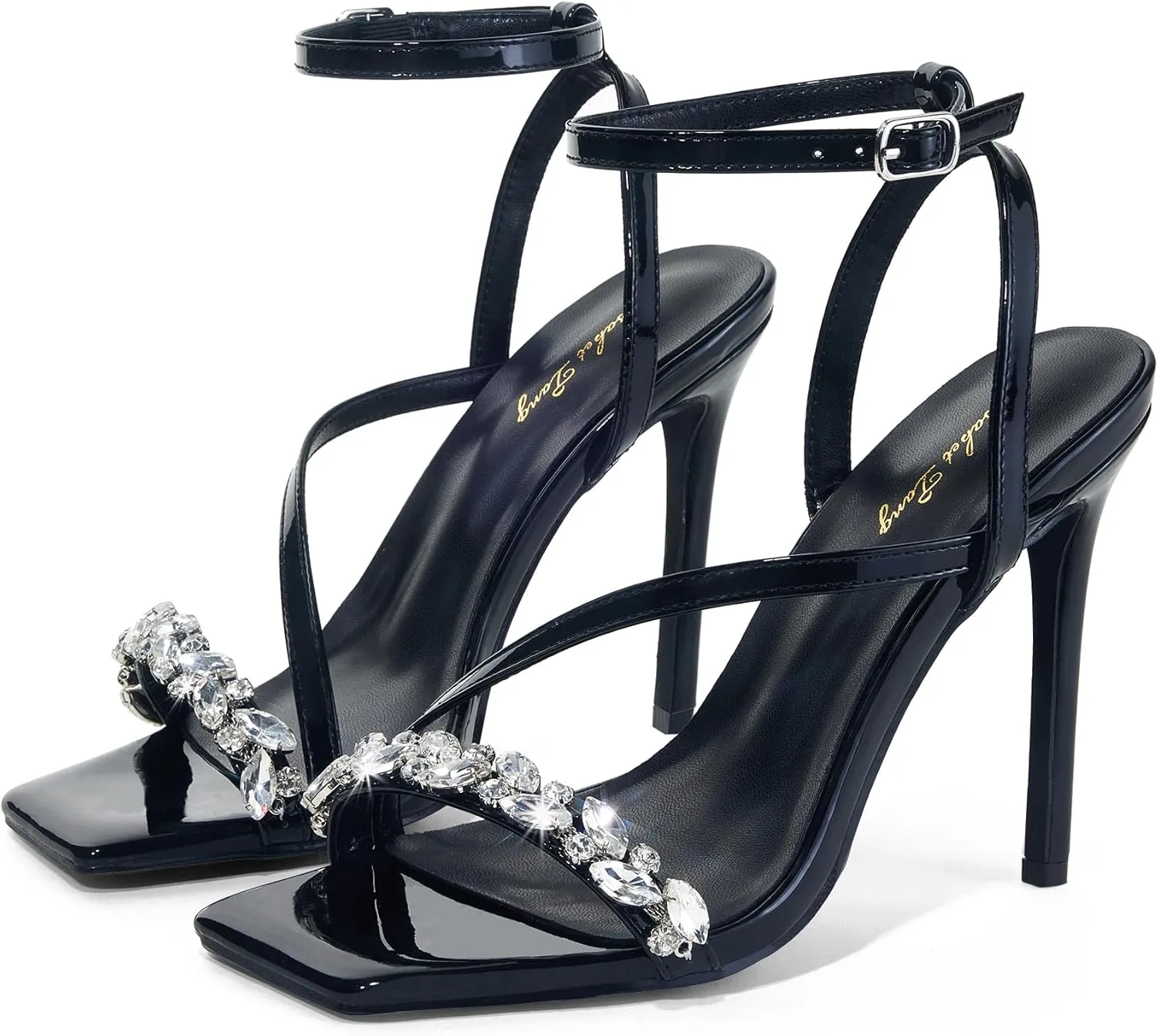 Elisabet Tang Women??s Crystal Stilettos Heeled Sandals, 4 Inch Square Open Toe Strappy Sexy High Heels Ankle Strap Buckle Heels for Party Wedding Dress Daily Wear Shoes