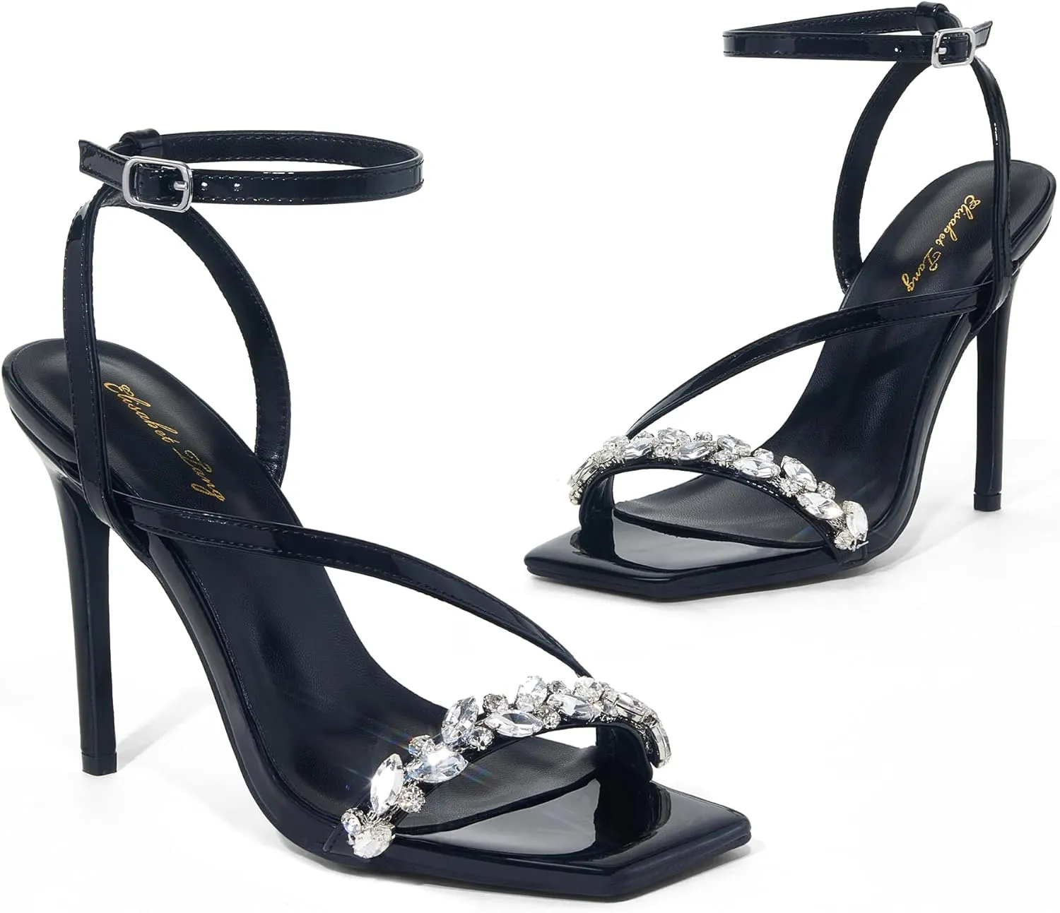 Elisabet Tang Women??s Crystal Stilettos Heeled Sandals, 4 Inch Square Open Toe Strappy Sexy High Heels Ankle Strap Buckle Heels for Party Wedding Dress Daily Wear Shoes