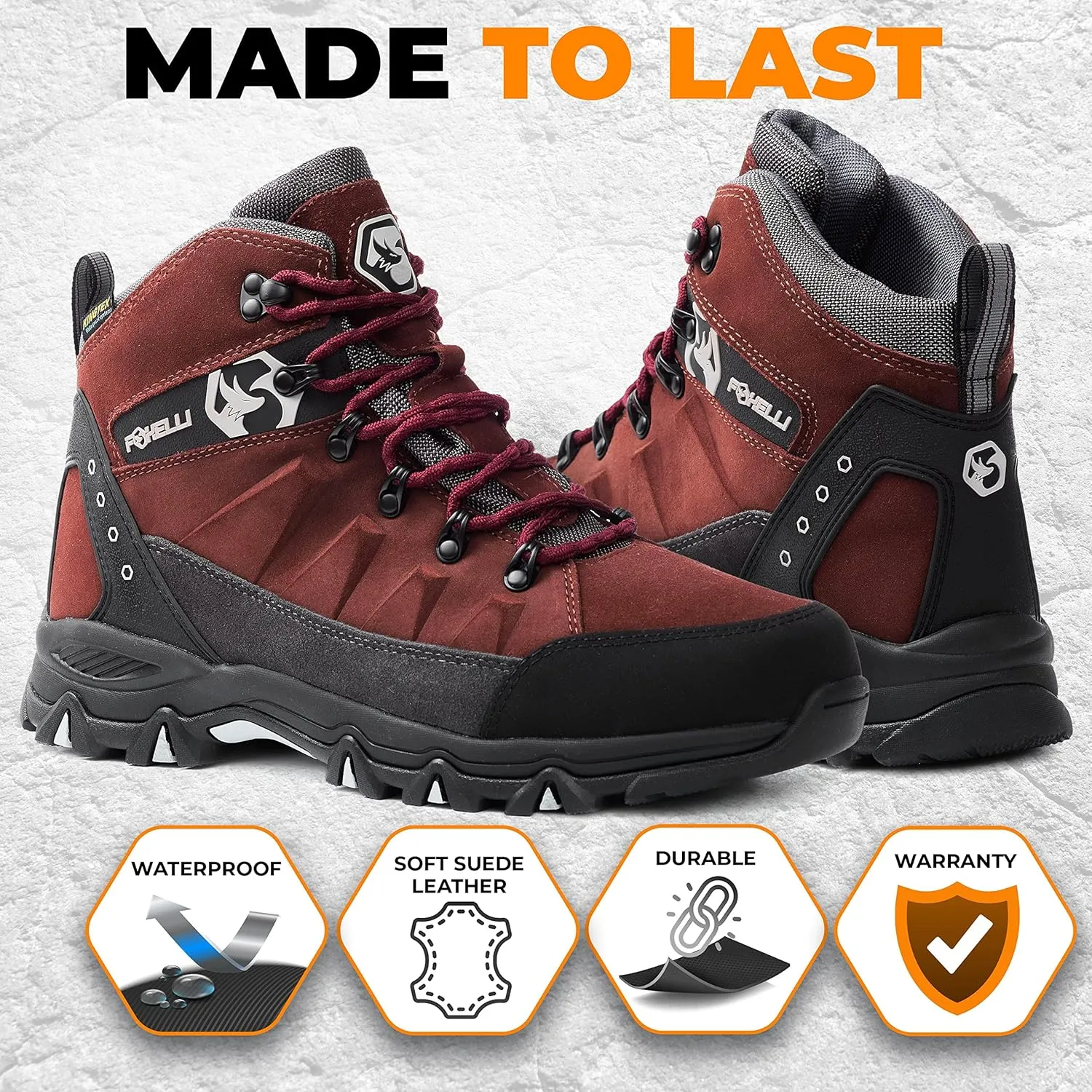 Foxelli Men??s Hiking Boots ?C Waterproof Breathable & Lightweight Suede Leather Hiking Boots for Men