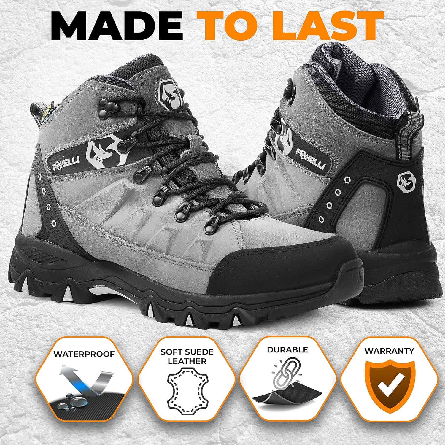 Foxelli Men??s Hiking Boots ?C Waterproof Breathable & Lightweight Suede Leather Hiking Boots for Men