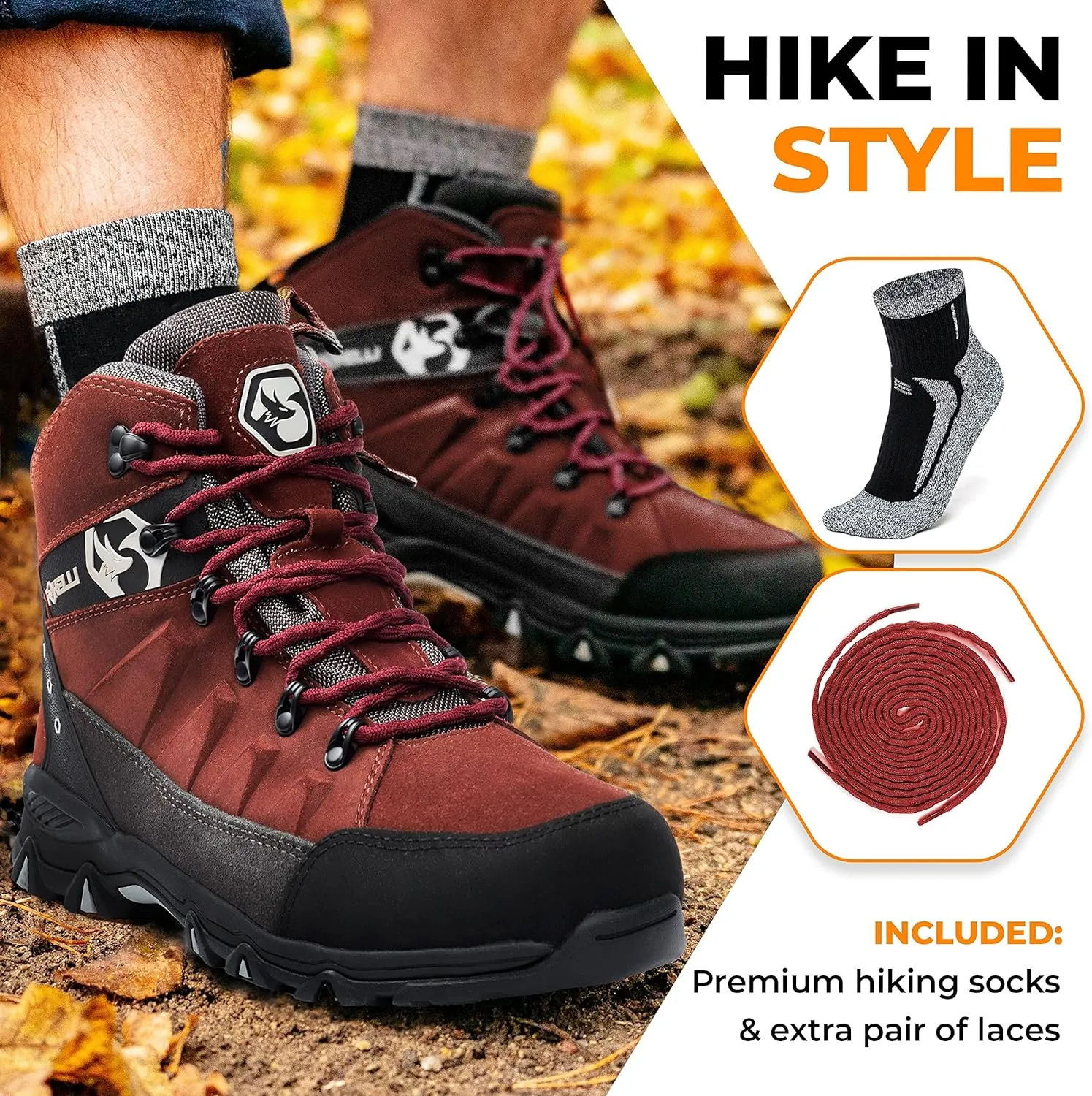Foxelli Men??s Hiking Boots ?C Waterproof Breathable & Lightweight Suede Leather Hiking Boots for Men
