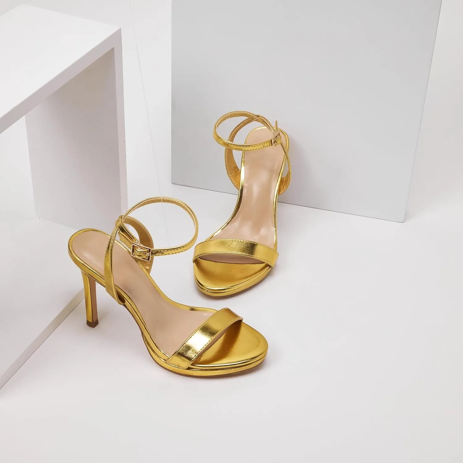 GENSHUO Women's High Heels Strappy Sandals with Round Open Toe Sexy Comfortable Ankle Strap Stiletto Wedding Prom Party Homecoming Dance Heeled Shoes