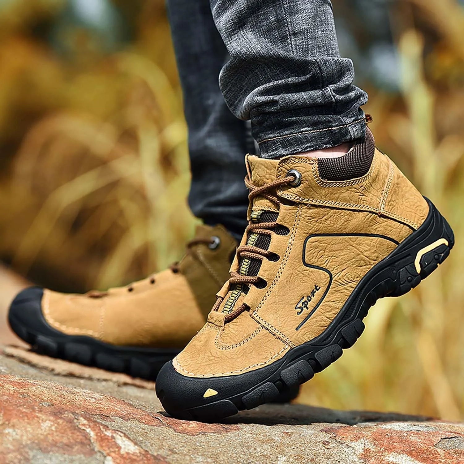 HESBITEUL Men's Leather Chukka Hiking Boots All Seasons for Camping & Driving Ankle Shoes