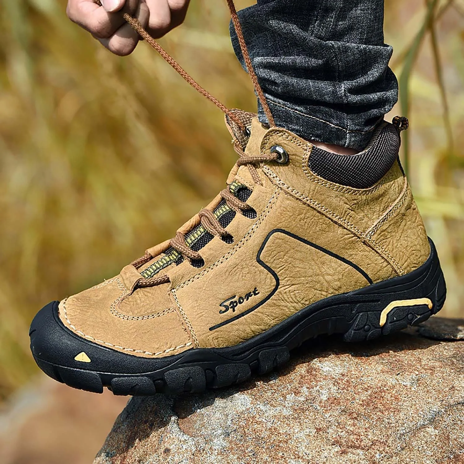 HESBITEUL Men's Leather Chukka Hiking Boots All Seasons for Camping & Driving Ankle Shoes