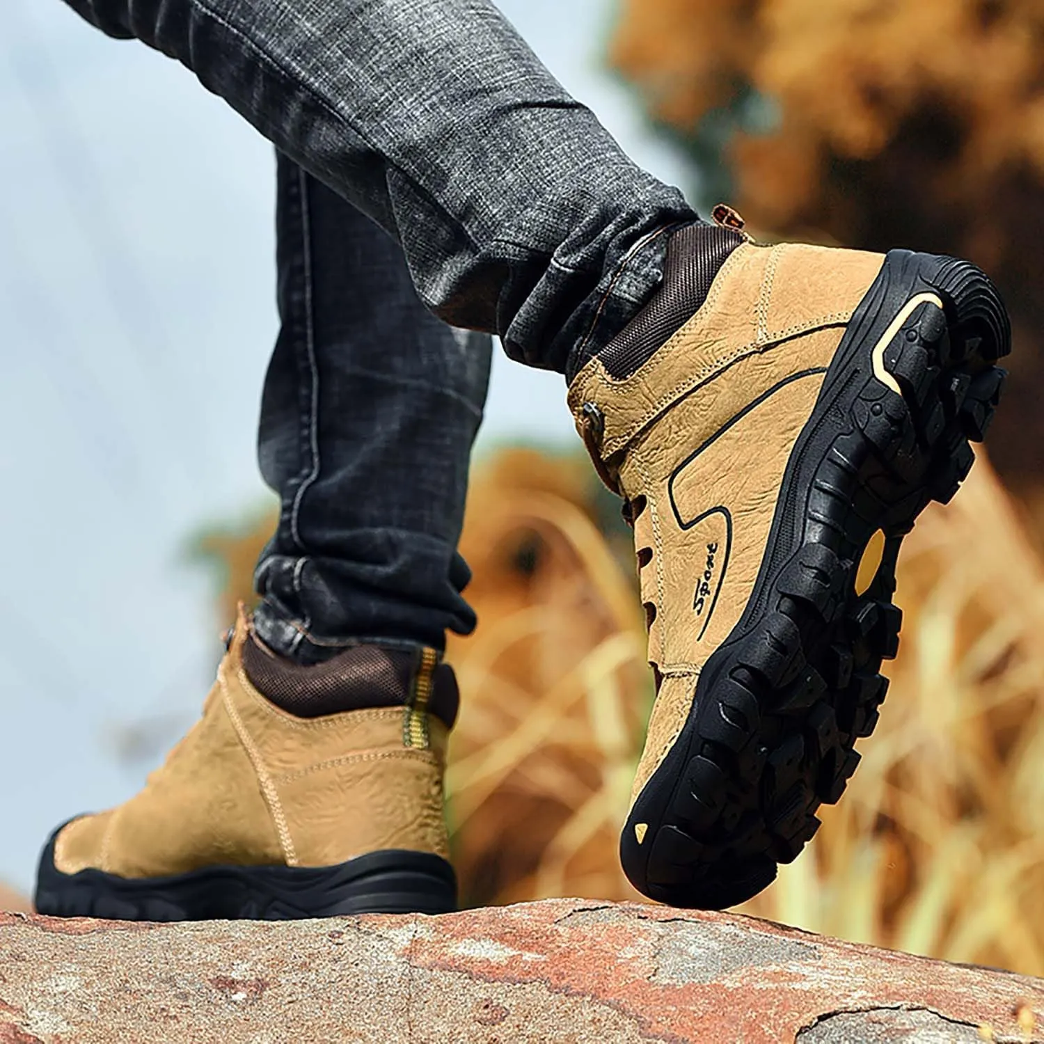 HESBITEUL Men's Leather Chukka Hiking Boots All Seasons for Camping & Driving Ankle Shoes