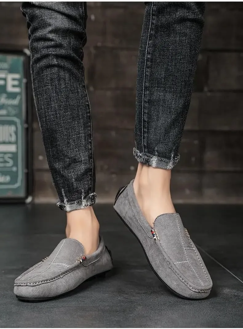 HOOENG Mens Loafers Shoe Suede Moccasins Driving Loafers Rubber Sole Lightweight Flexible Flat Heel Casual Party Slip-ons (Color : Grey, Size : 7)