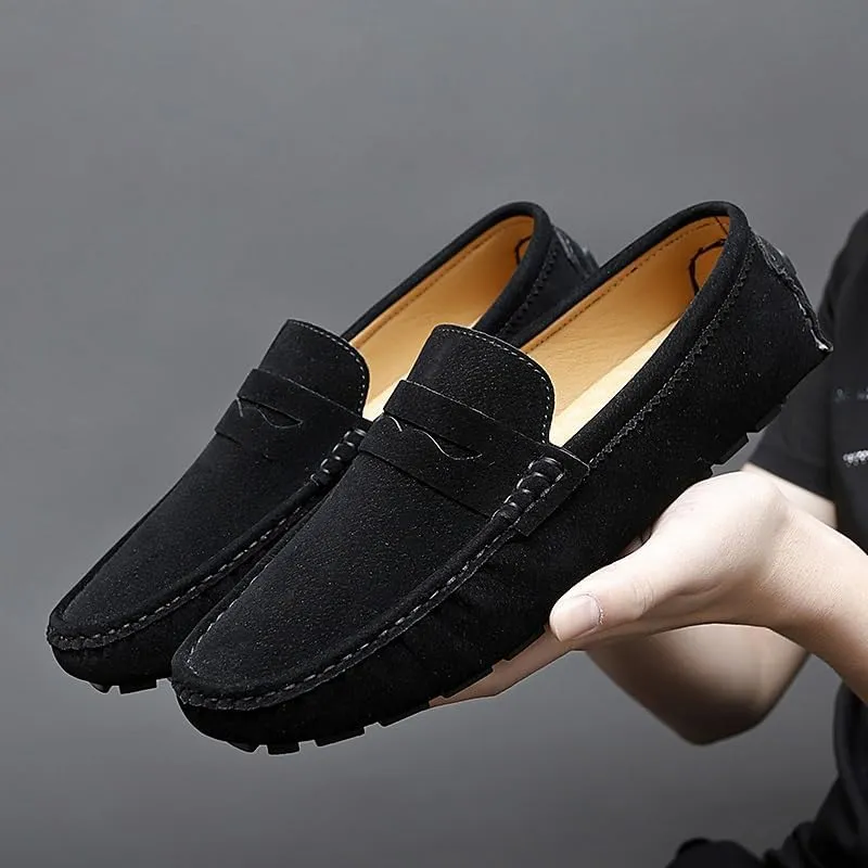 HOOENG Men's Loafers Solid Color Round Toe Suede Vamp Penny Driving Loafers Flat Heel Flexible Comfortable Wedding Slip-ons
