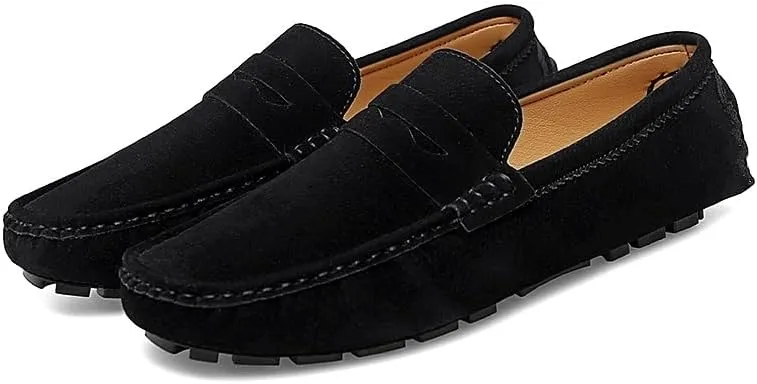 HOOENG Men's Loafers Solid Color Round Toe Suede Vamp Penny Driving Loafers Flat Heel Flexible Comfortable Wedding Slip-ons