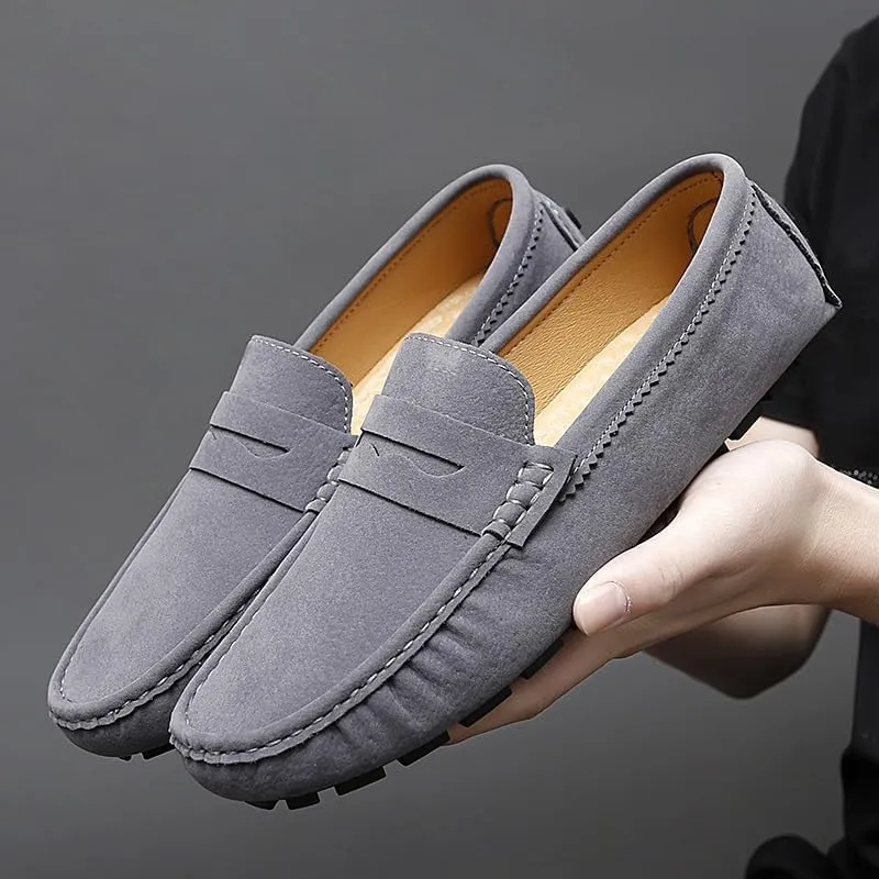 HOOENG Men's Loafers Solid Color Round Toe Suede Vamp Penny Driving Loafers Flat Heel Flexible Comfortable Wedding Slip-ons