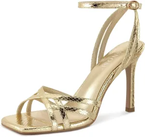 ISNOW Strappy Sandals for Women with Ankle Strap Heeled Sandals Square Toe Stiletto Summer Heels for Women Sexy Open Toe Strappy Heels Wedding Party Prom Graduation Dressy