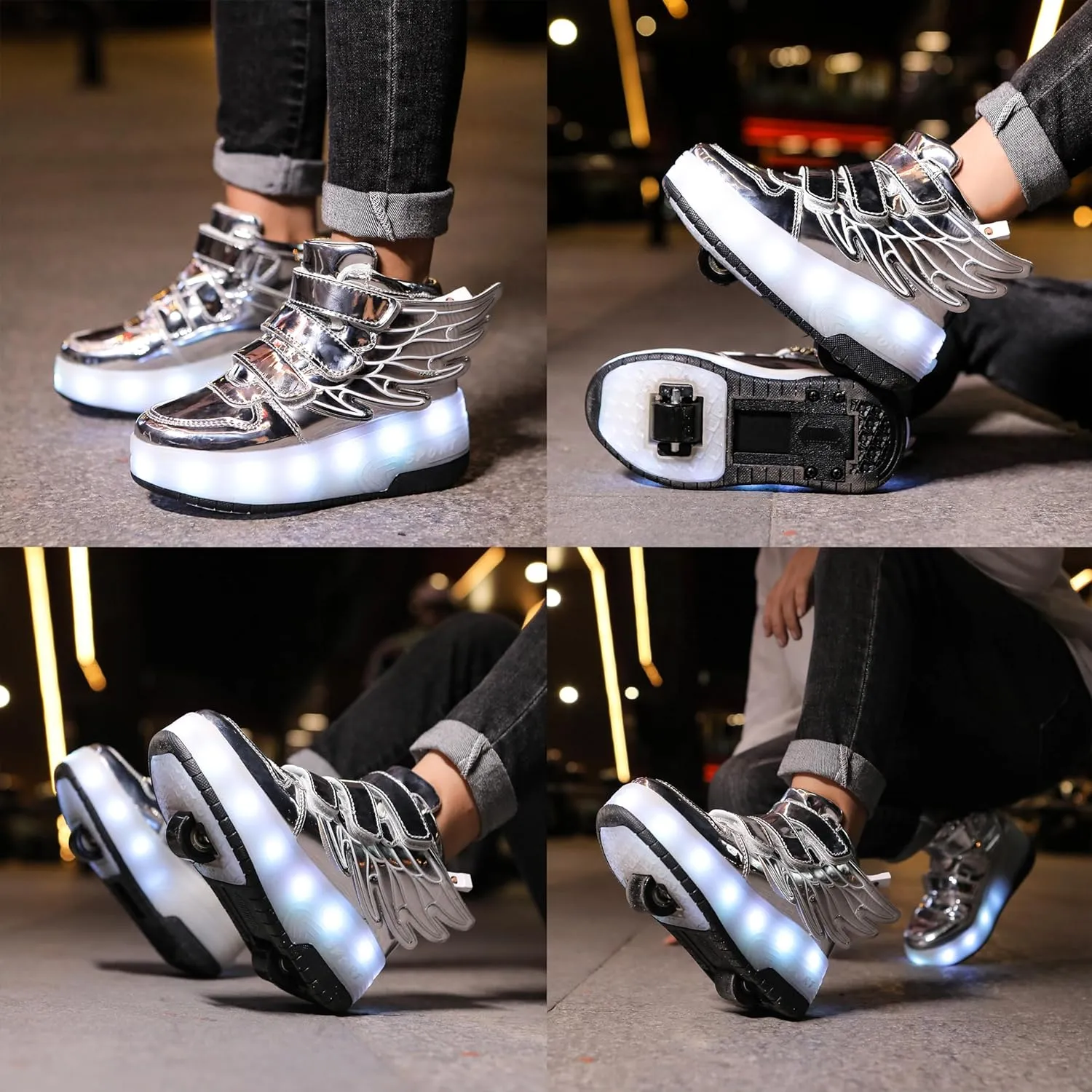 Kids LED Light Up Roller Skate Shoes with Wings Boys Girls USB Chargable Dancing Sneakers for Halloween Christmas Party Pink 30