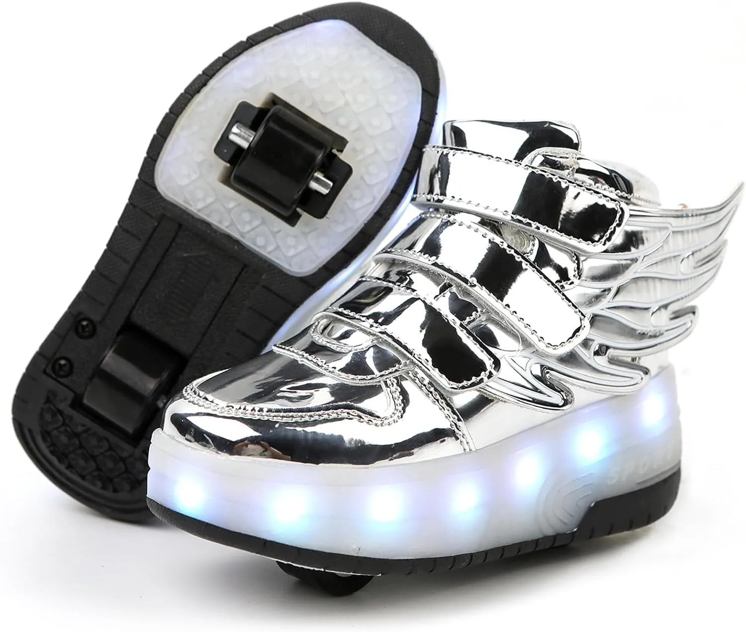 Kids LED Light Up Roller Skate Shoes with Wings Boys Girls USB Chargable Dancing Sneakers for Halloween Christmas Party Pink 30