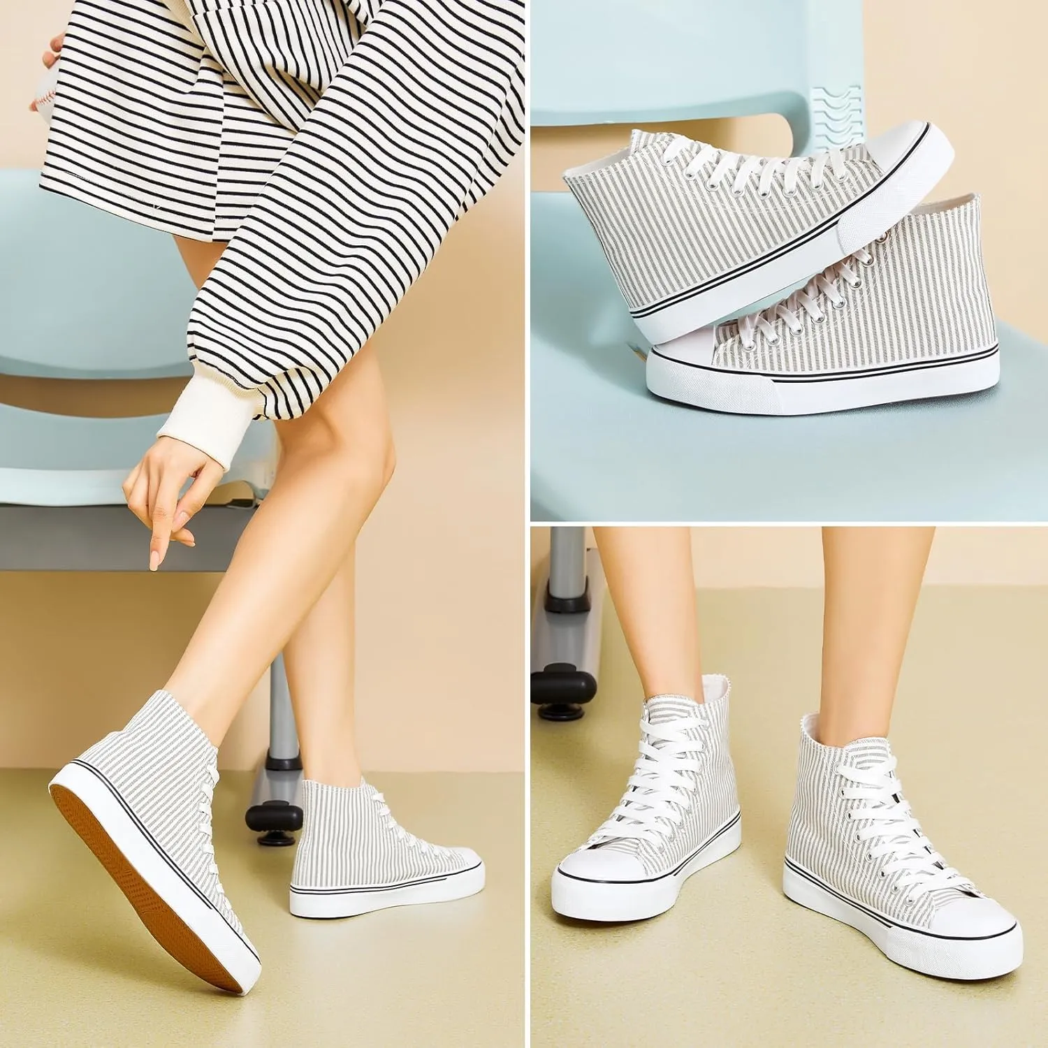 kufeiti Women's High Top Canvas Sneakers Canvas Shoes Lace up White Black Sneakers Casual Walking Shoes