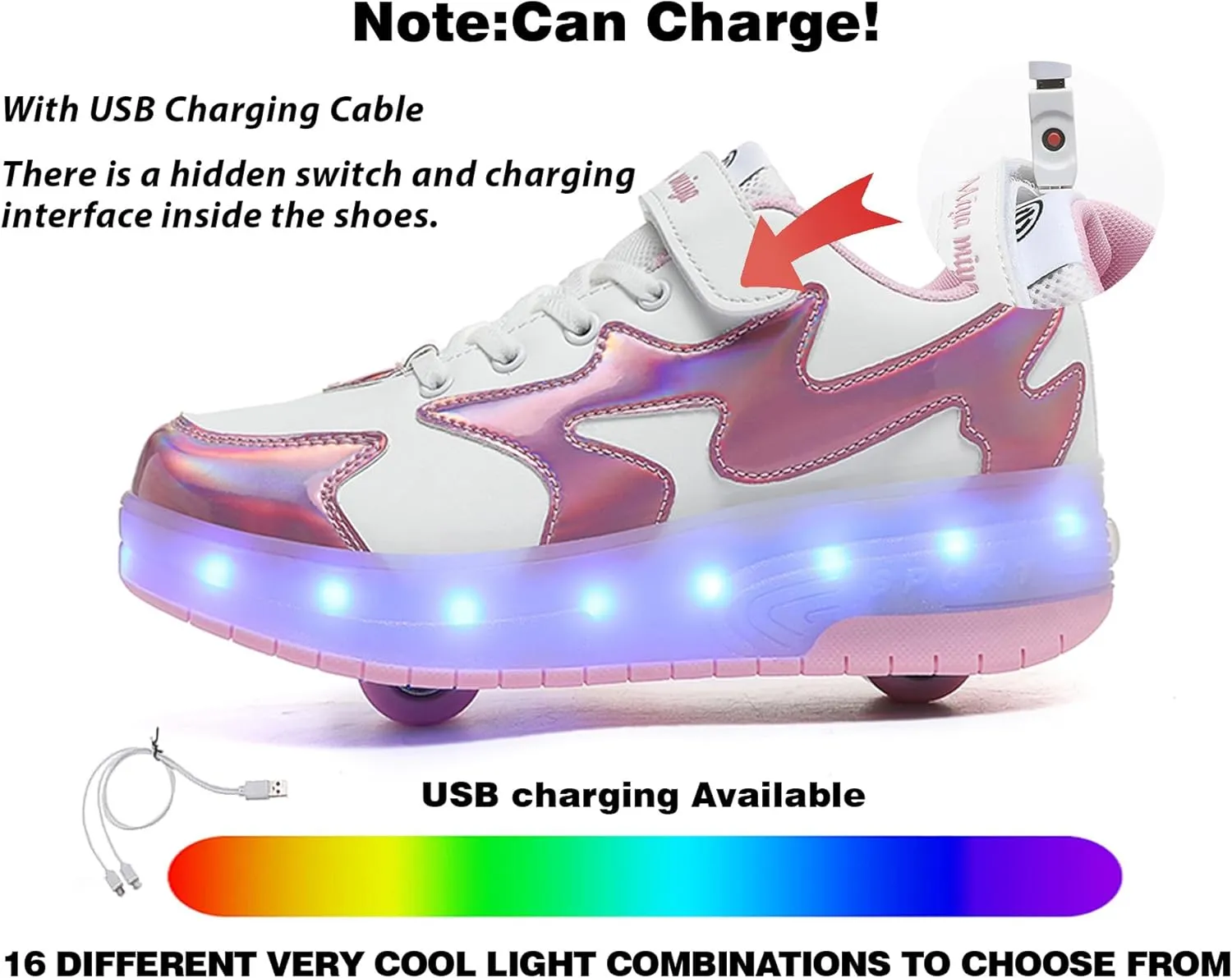 LED Roller Skate Shoes for Kids Boys Girls Light Up Roller Sneakers with Detachable Wheels Rechargeable Flashing Wheeled Shoes
