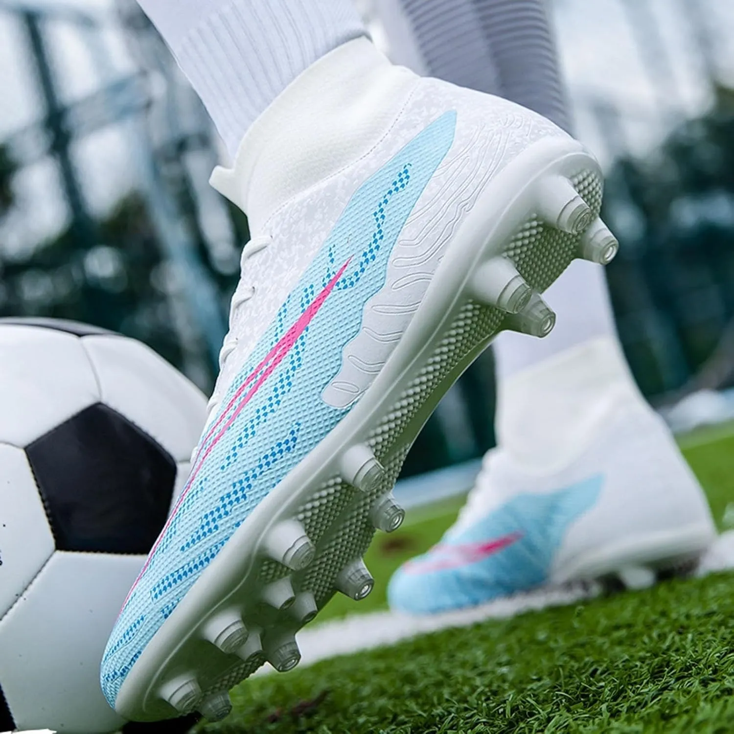 Lightweight Turf Football Cleats Grade, Soccer Cleats High Top Professional Breathable Shock Resistant Competition Athletic Training