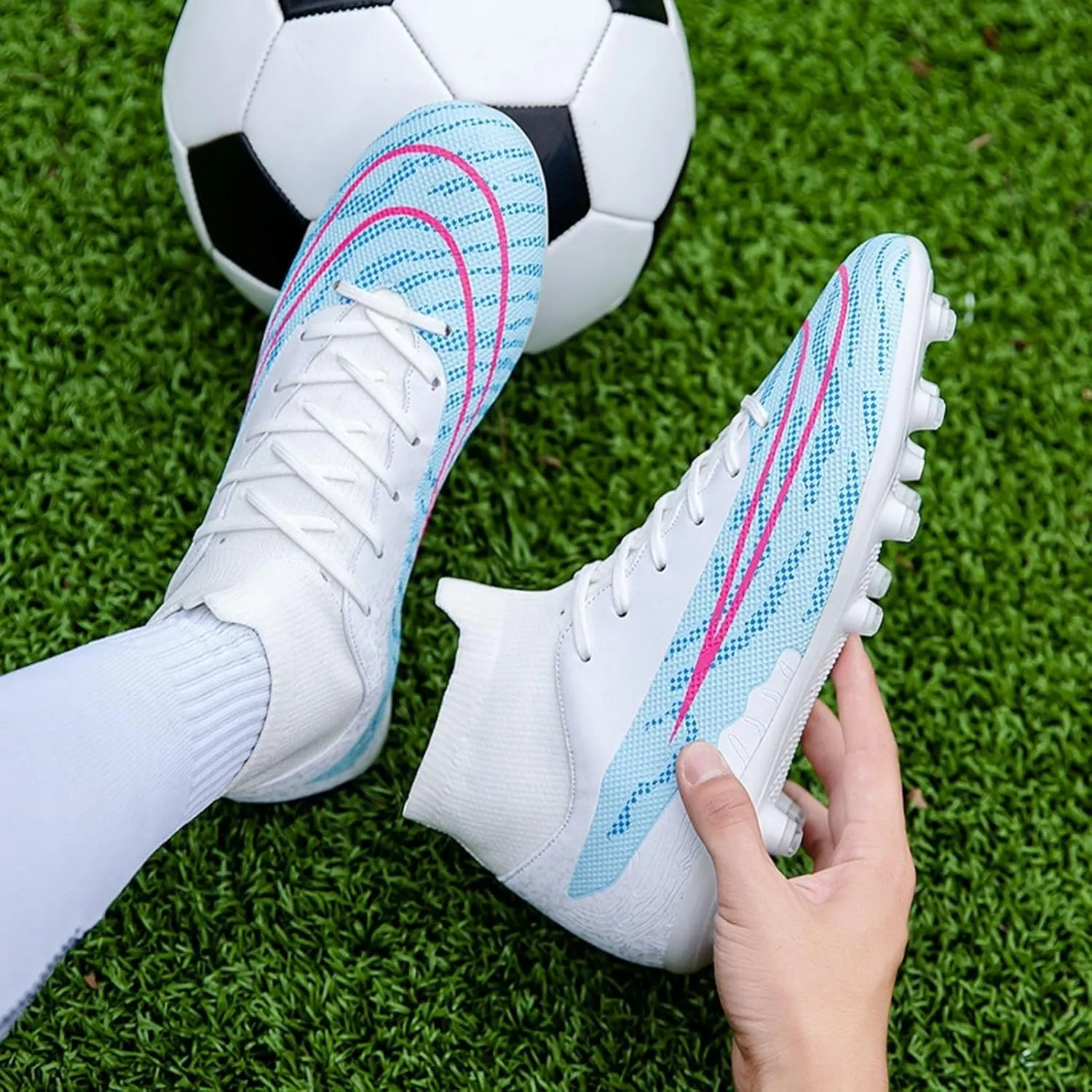 Lightweight Turf Football Cleats Grade, Soccer Cleats High Top Professional Breathable Shock Resistant Competition Athletic Training