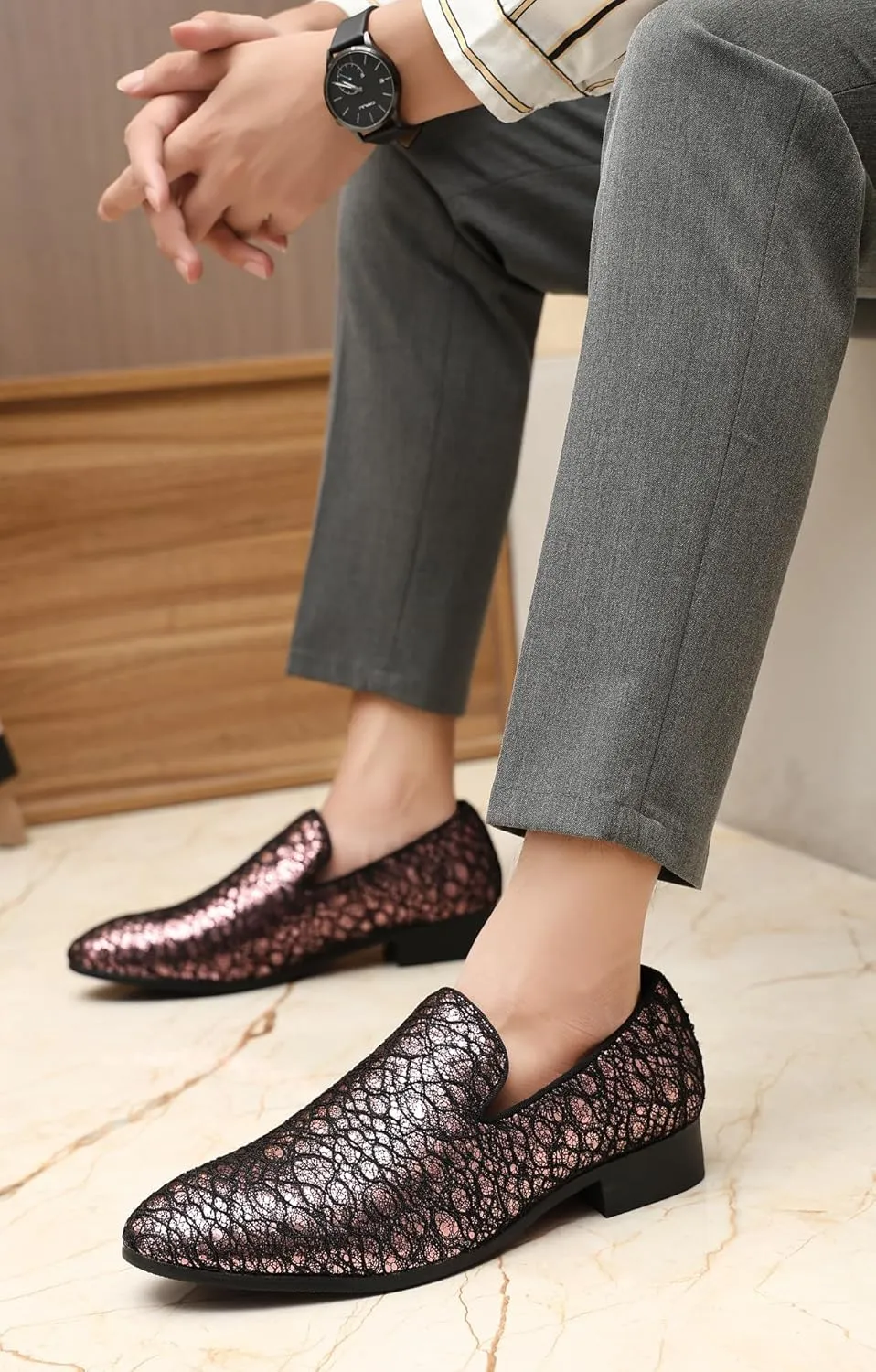 Loafers Dress Slip On Shoes for Men Smoking Sparkling Sequins Slipper Textured Glitter Tuxedo Prom Penny Loafers Mens Luxury Wedding Casual Moccasins
