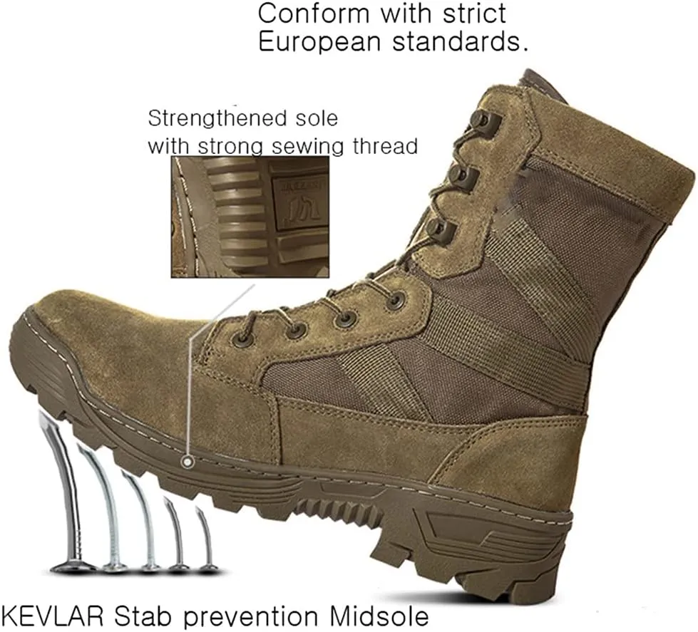 Men Military Tactical Leather Work Sport Boots, 1000D Nylon Waterproof Stab Resistant Hiking Sneakers