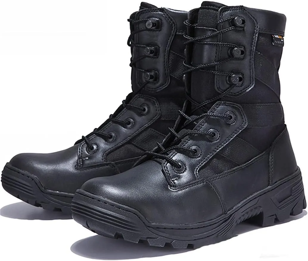 Men Military Tactical Leather Work Sport Boots, 1000D Nylon Waterproof Stab Resistant Hiking Sneakers