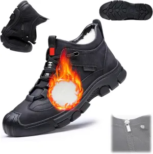 Men's Fleece Warm Boots, Winter Waterproof Warm Fur Lined Outdoor Non-Slip Hiking Boots Men Leather Slip On Ankle Boots with Side Zipper
