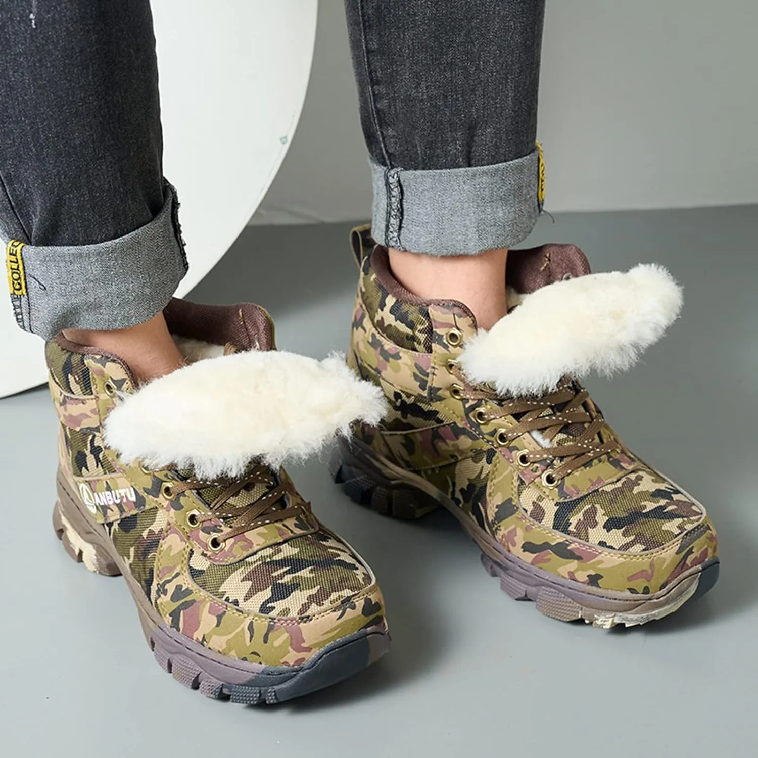 Mens Hiking Boots, Waterproof Insulated Fur Boots Warm Ankle Booties Outdoor Work Boots Work Boots for Women