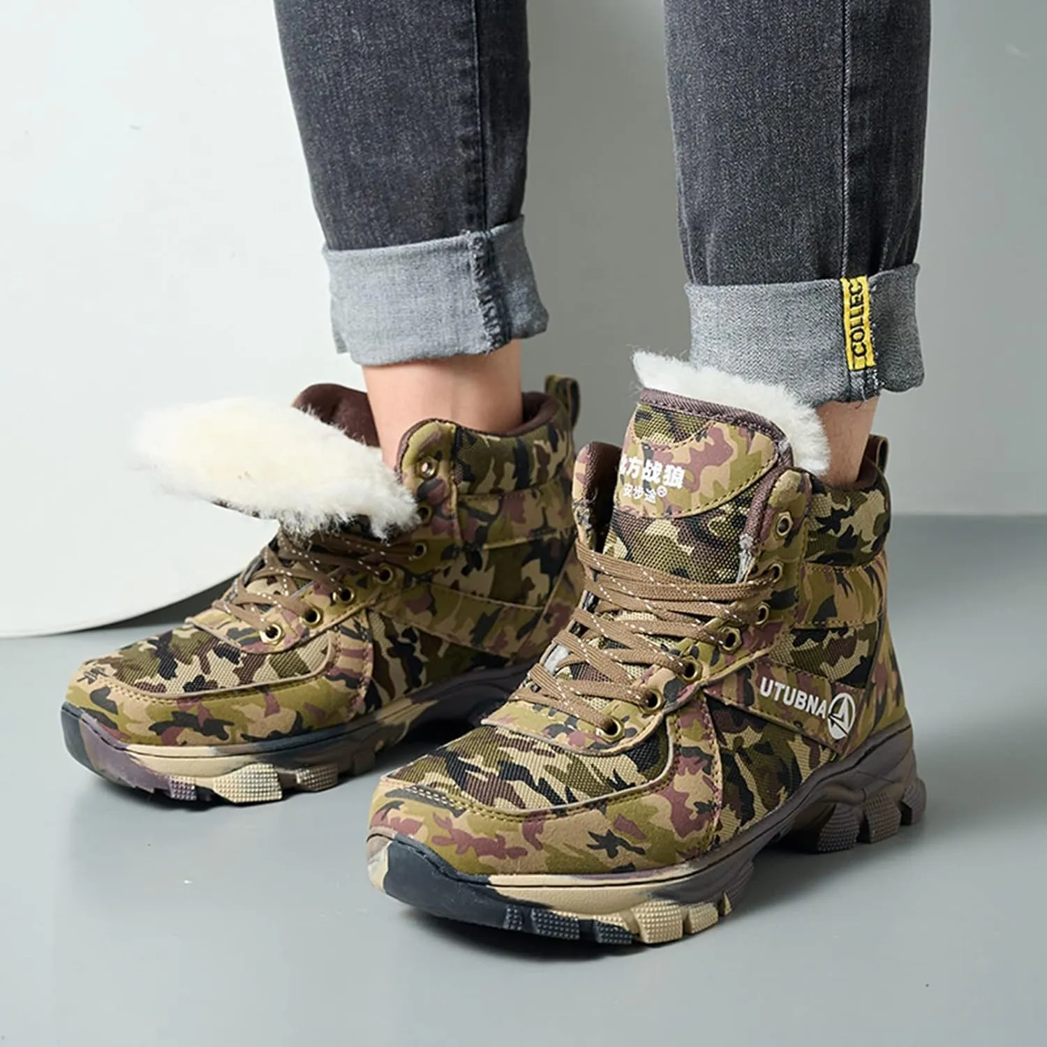 Mens Hiking Boots, Waterproof Insulated Fur Boots Warm Ankle Booties Outdoor Work Boots Work Boots for Women