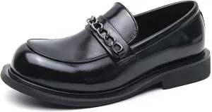 Men's Leather Chain Platform Loafers Fashion Luxury Round Toe Slip-On Non-Slip Dress Shoes for Business Work Office
